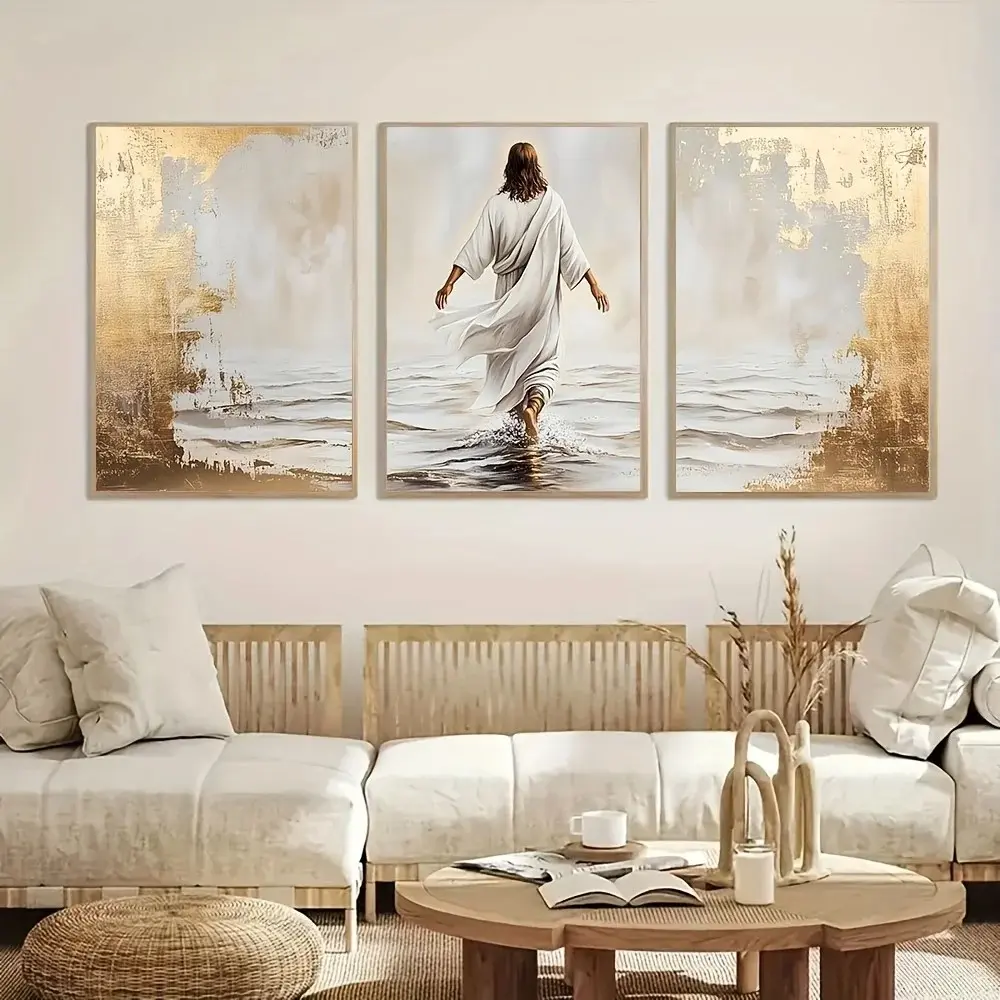 3pcs/set Unframed Walking on Water Poster Jesus with Watercolor Jesus Picture,canvas Painting Christian Wall Art Christ Home Decor Gift