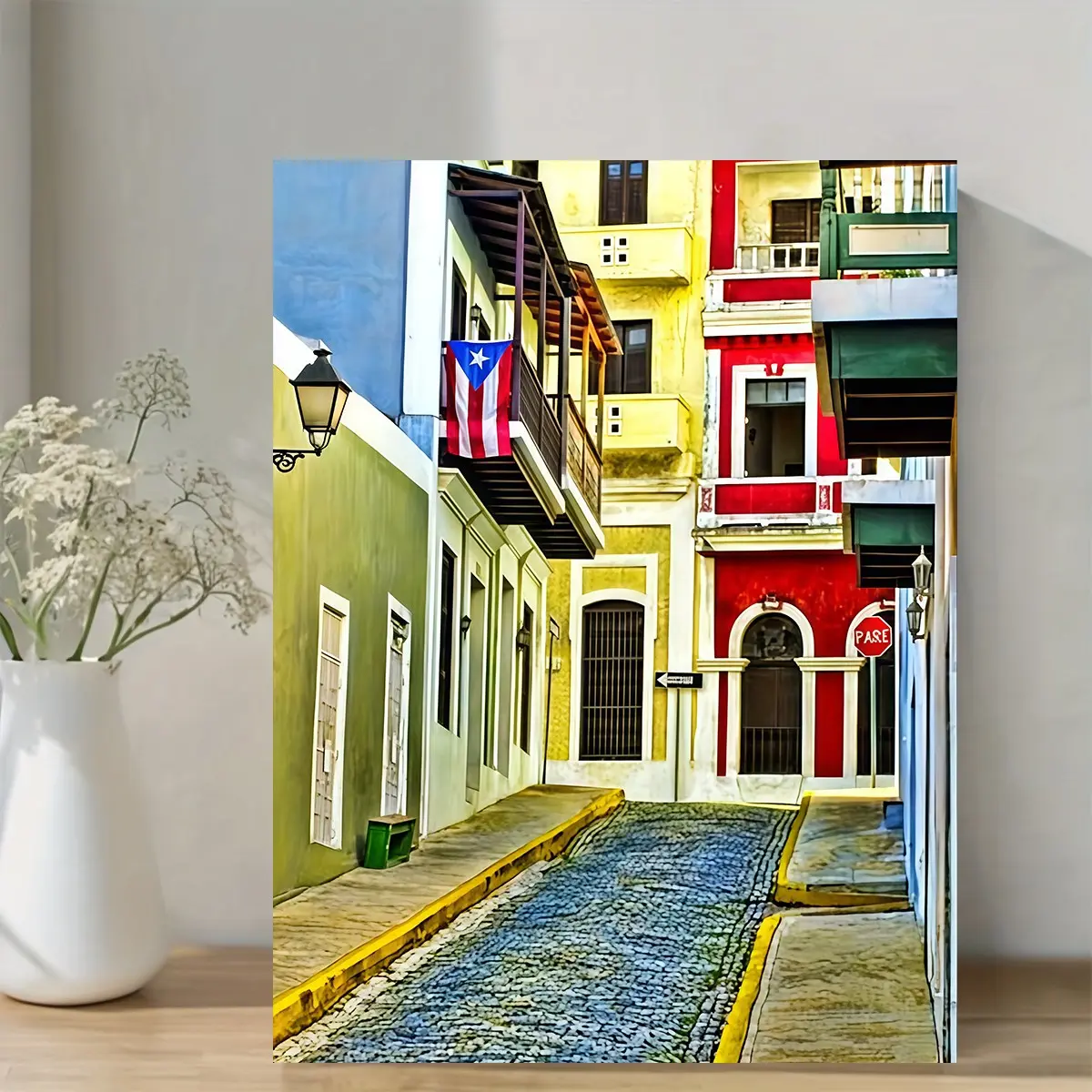 1 Piece Colorful Old San Juan Puerto Rico Street Scene, Cityscape Print Canvas Wall Art - Wooden Frame Waterproof Print, Colors, Aesthetic Design and Detailed Patterns, Suitable for Home Decor, Ready-to-Hang Canvas Wall Art