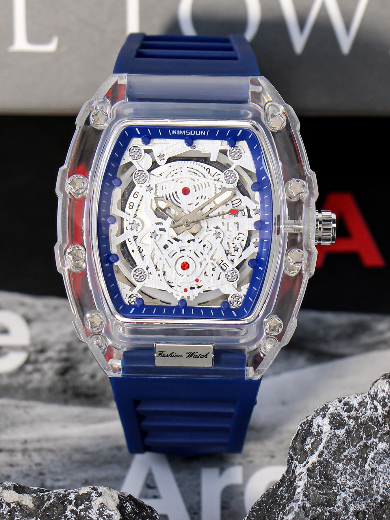 Men's Fashion Clear Watch, Casual Trendy Quartz Watch with Silicone Strap, Fashionable Wristwatch for Daily & Business Decoration As Gift with Box