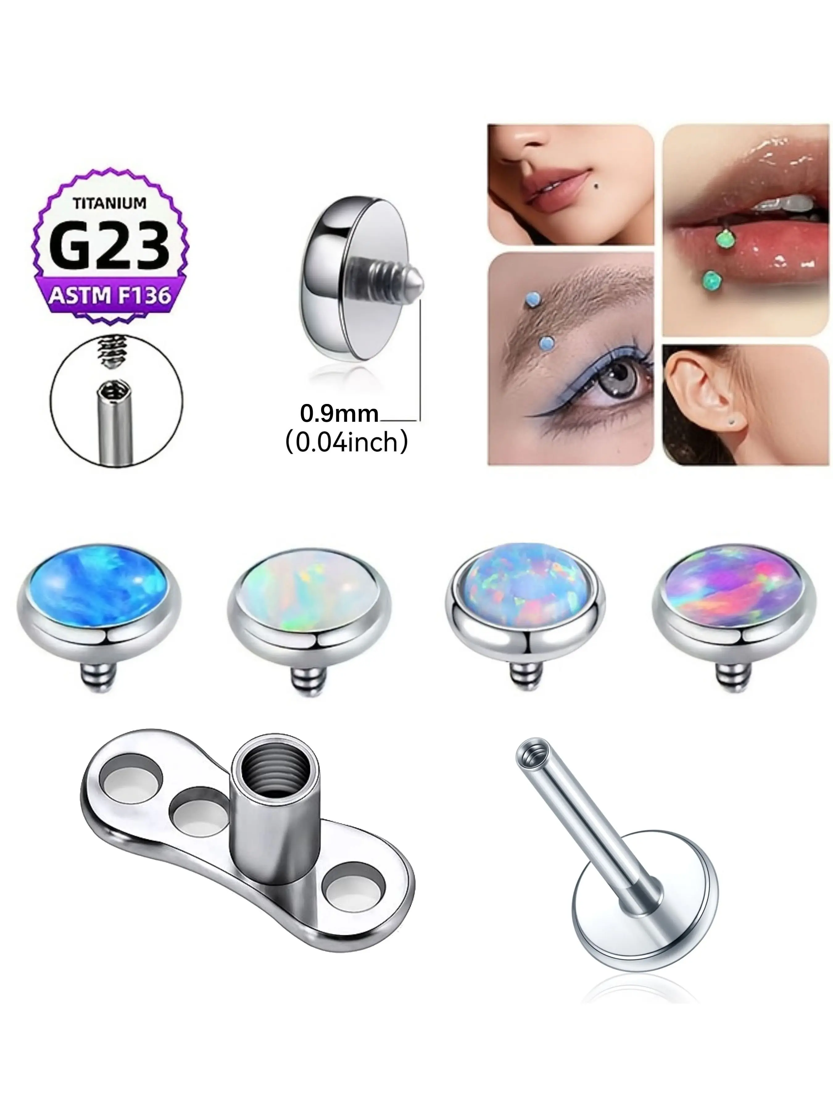 1PC G23 Titanium Microdermal Piercing Surface Opal Stone Dermal Anchor Base & Tops Hide in Medusa Pircing Skinner Body Jewelry