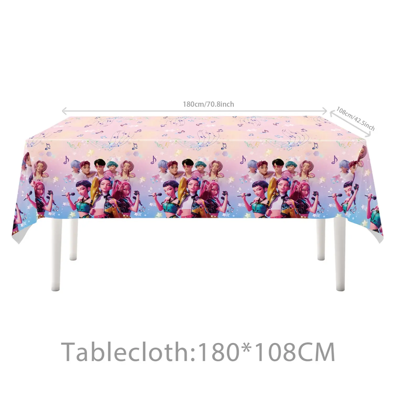 A Korean cartoon girl group themed party tablecloth with high-quality colorful patterns and an outstanding atmospheric feel. Party Decor Place cakes, snacks, and party favors as supporting background props to create eye-catching and bright photos