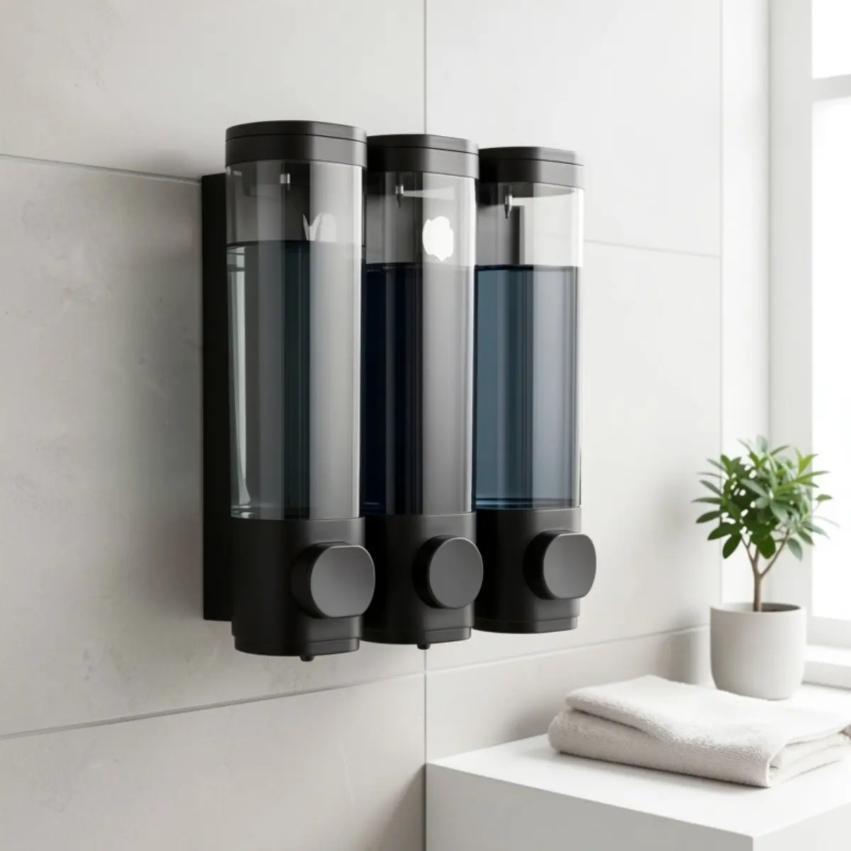 Premium 3-Chamber Shampoo and Conditioner Dispenser, High-Quality Wall Mounted Reusable Soap Dispenser Bathroom Pump, Heavy Duty Leak-Proof Liquid Container Caddy Set for Restroom, Elegant Black Decor