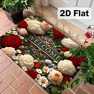 Floral Welcome Door Mat - Red and White Court Style European Design for Entrance, Bathroom, Kitchen - Mother's Day, Easter, Graduation Day, Independence Day Gifts