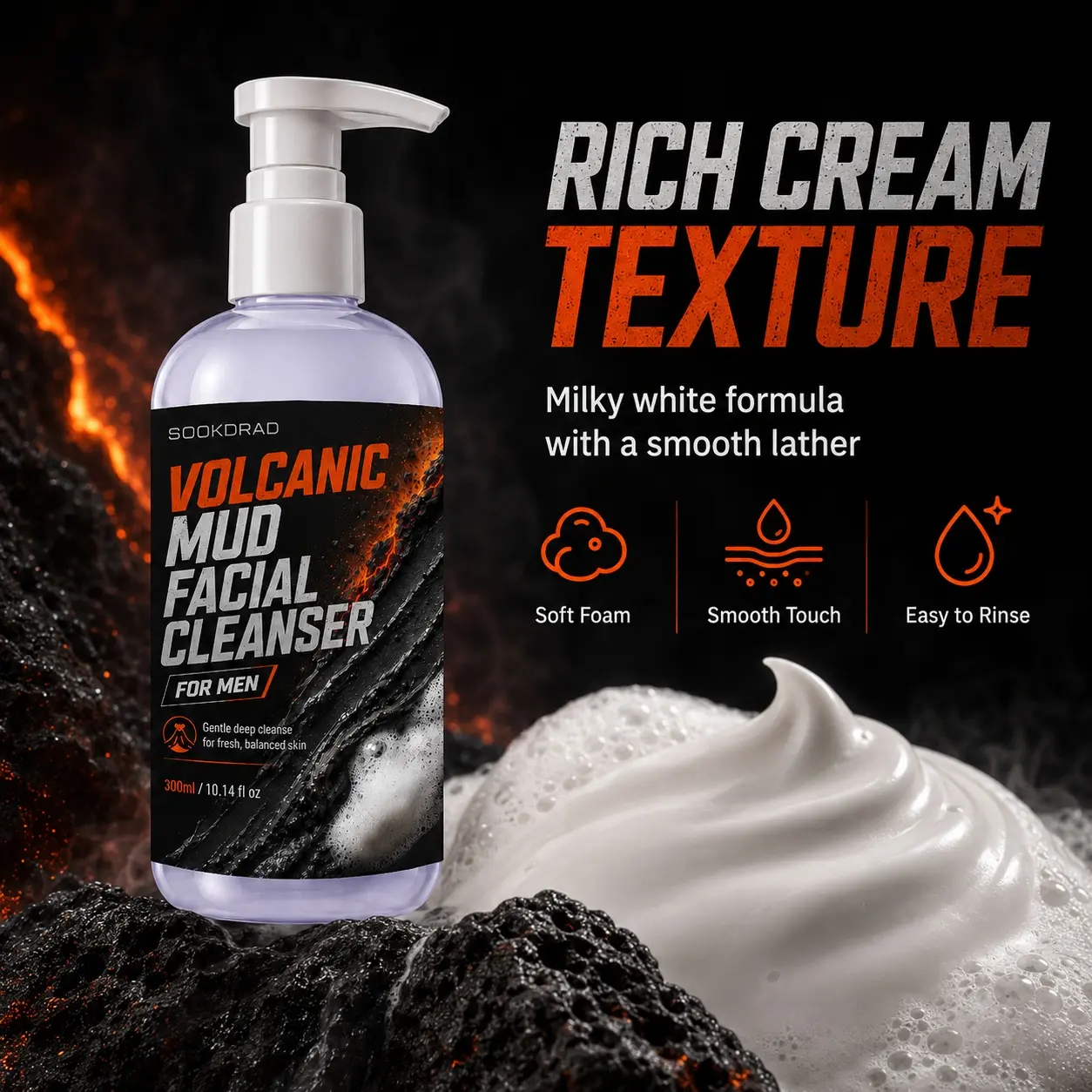 Volcanic Mud Facial Cleanser, contains volcanic mud, gentle deep cleanse, for facial use, for men, 10.14 fl oz, fresh balanced skin, 300ml