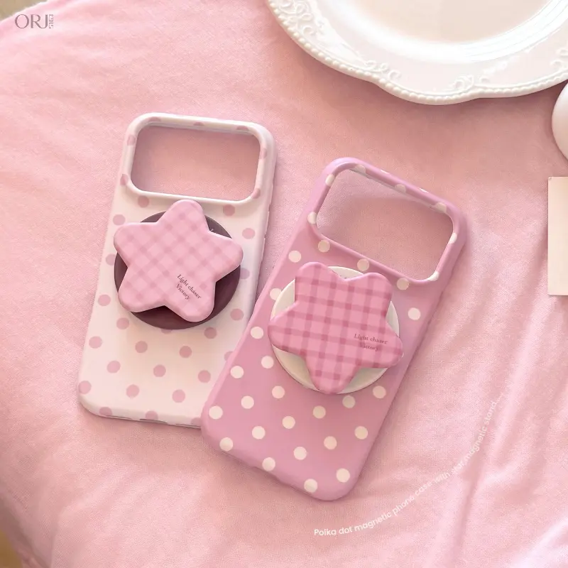 INS Cute Pink Polka Dot Magnetic Phone Case With Built-In Kickstand, Shockproof MagSafe Protective Cover Compatible with iPhone 17 & iPhone 16, Slim Girly Anti-Scratch Cell Shell Daily Fashion Phone Accessory summerwins,Red,keyc,H,fidget,spinner,keyc,bag,