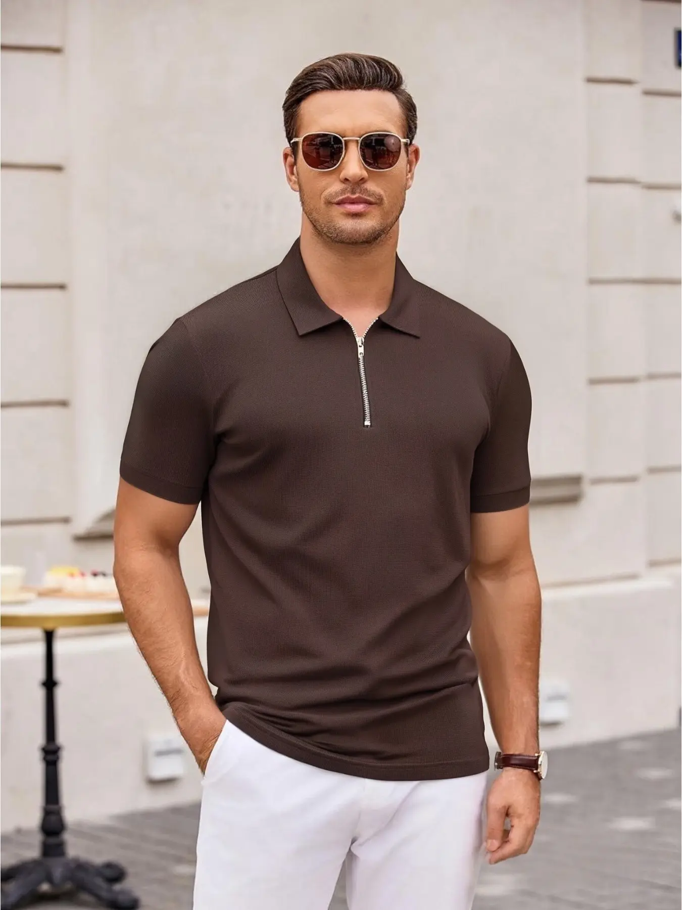 Men's quarter-zip short-sleeved T-shirt Top, suitable for outdoor activities, vacations and casual wear. Comfortable and fashionable, it is ideal for layering and a great choice for daily use. Knit Polo shirt