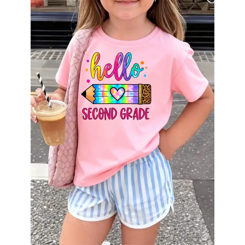 Girls Clothes Pure Cotton Children's T-Shirt - Hello Custom Print, Rainbow Pencils & Heart Patterns, 100% Loose Short-Sleeve, Children's Playful Print Apparel, Cute Look, For 3-13 Yr Old Girls, Casual Outings, All Season