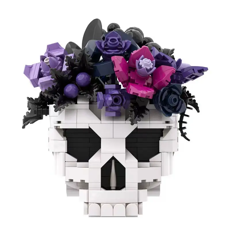 Moc Skull Flower Mini Building Blocks Toy, Dark Romantic DIY Model, Desktop Collection Ornament, Adult Brick Enthusiast Gift