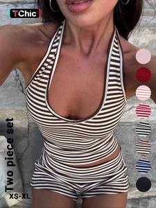 two-piece set women's striped print tank top & shorts, fitted casual sleeveless top & shorts for summer, ladies clothes for daily wear, womenswear, matching clothing set
