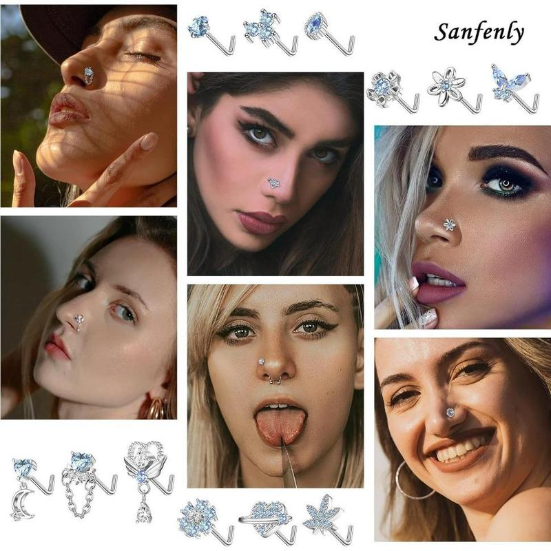 Florideco 12 Pcs L Shaped Nose Rings for Women in Pink, Purple, Blue & Clear with Various Designs and Color Options Nosering Florideco 12 Pcs L Shaped Nose Rings for Women in Pink, Purple, Blue & Clear with Various Designs and Color Options Nosering