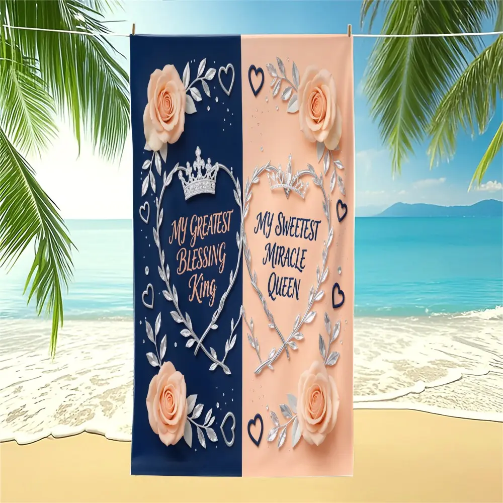 Romantic King Queen Beach Towel, Crown Heart Rose Full Print, Absorbent Quick Dry Couple Swim Towel