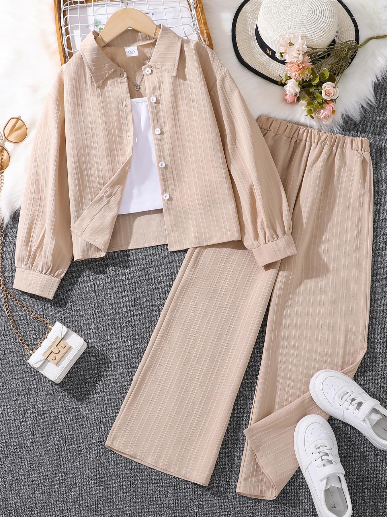 Two-piece Set Girl's Solid Color / Bow Pattern Shirt & Pants Set, Suits, Casual Long Sleeve Collared Top & Trousers for Spring & Fall, Kids Clothes for Daily Wear