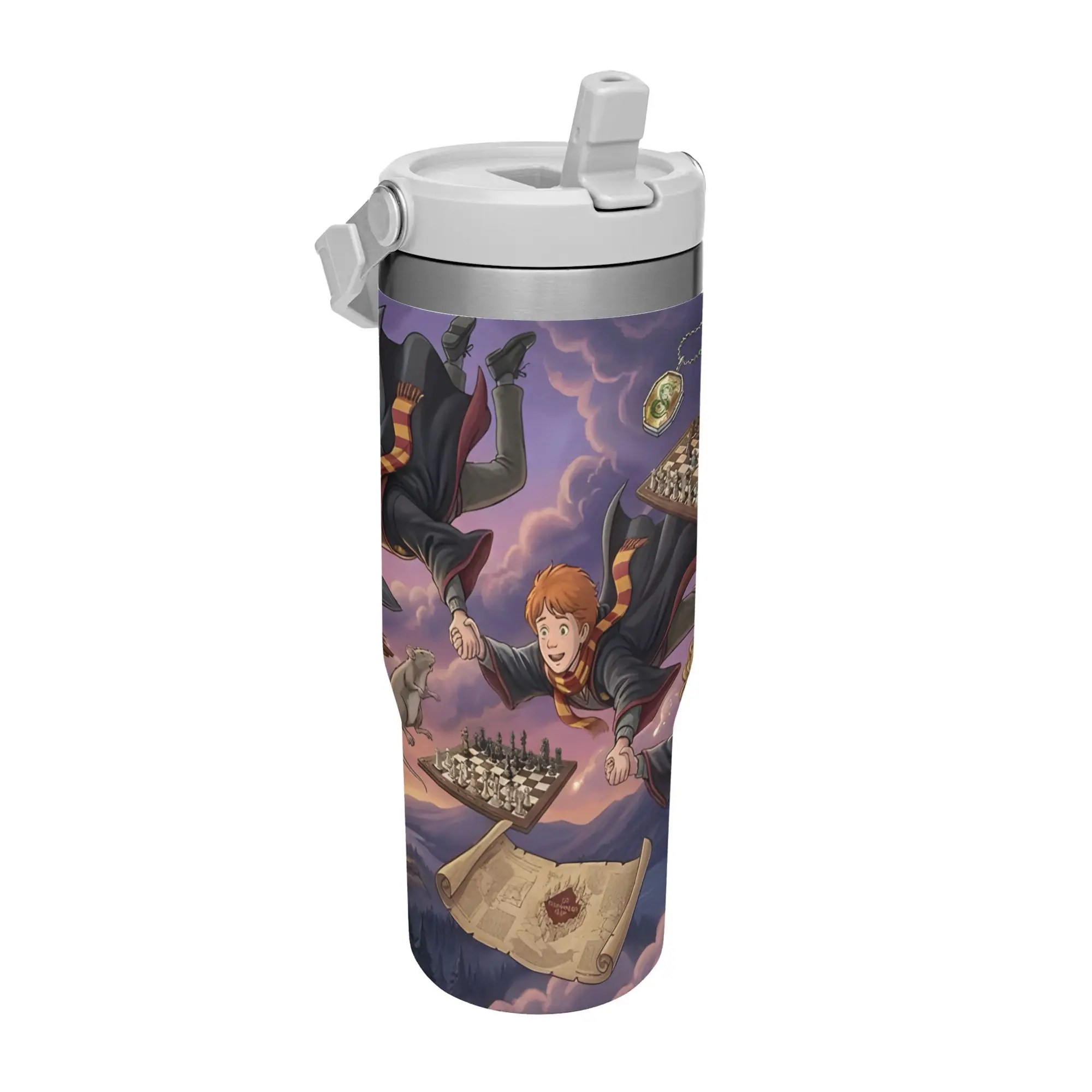 WB Harry Potter Ron Weasley Flying Wizard Chess Flip Straw Tumbler 30oz Stainless Steel Vacuum Mug, Leakproof Travel Cup, Purple Sky Cartoon Art, Gryffindor Fan Gift