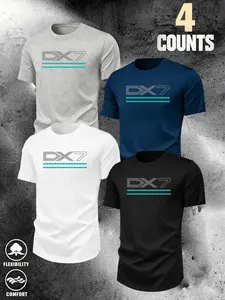 Layered Gradient Dx7 Industrial Font Tee, Multi-Color Breathable Top, Casual Crew Neck, Daily & Commute Wear, H-Type Fitted Long Sleeve