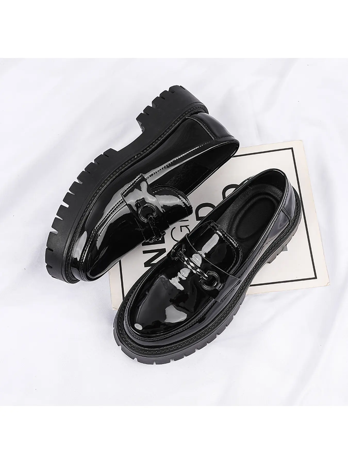 Unisex Black Patent Leather Platform Business Style Loafers, Metal Buckle Chunky Slip On Shoes, Business Streetwear Casual Footwear for Men and Women