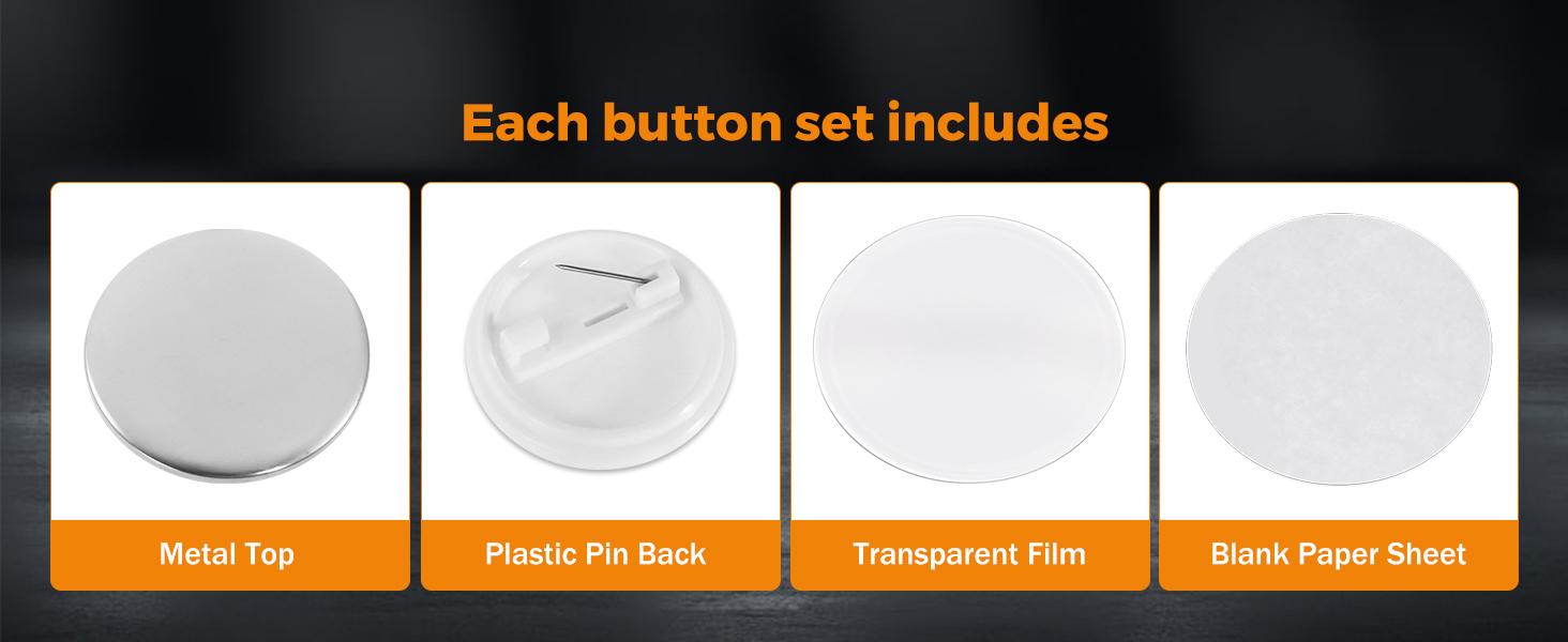200 Sets of Button Parts Supplies 75mm 2.95 in (Approx. 3 inch) for Button Maker Machine Round Pin Maker, Every Set Includes Tinplate Top, Clip Bottom & Film