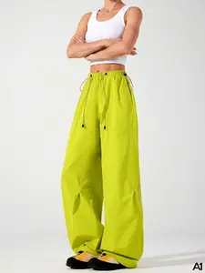 A1 Trendy Baggy Parachute Pants for Women Lightweight Wide Leg Athletic Joggers High Waisted Adjustable Drawstring Cargo Pants Y2K Streetwear & Dance Trousers