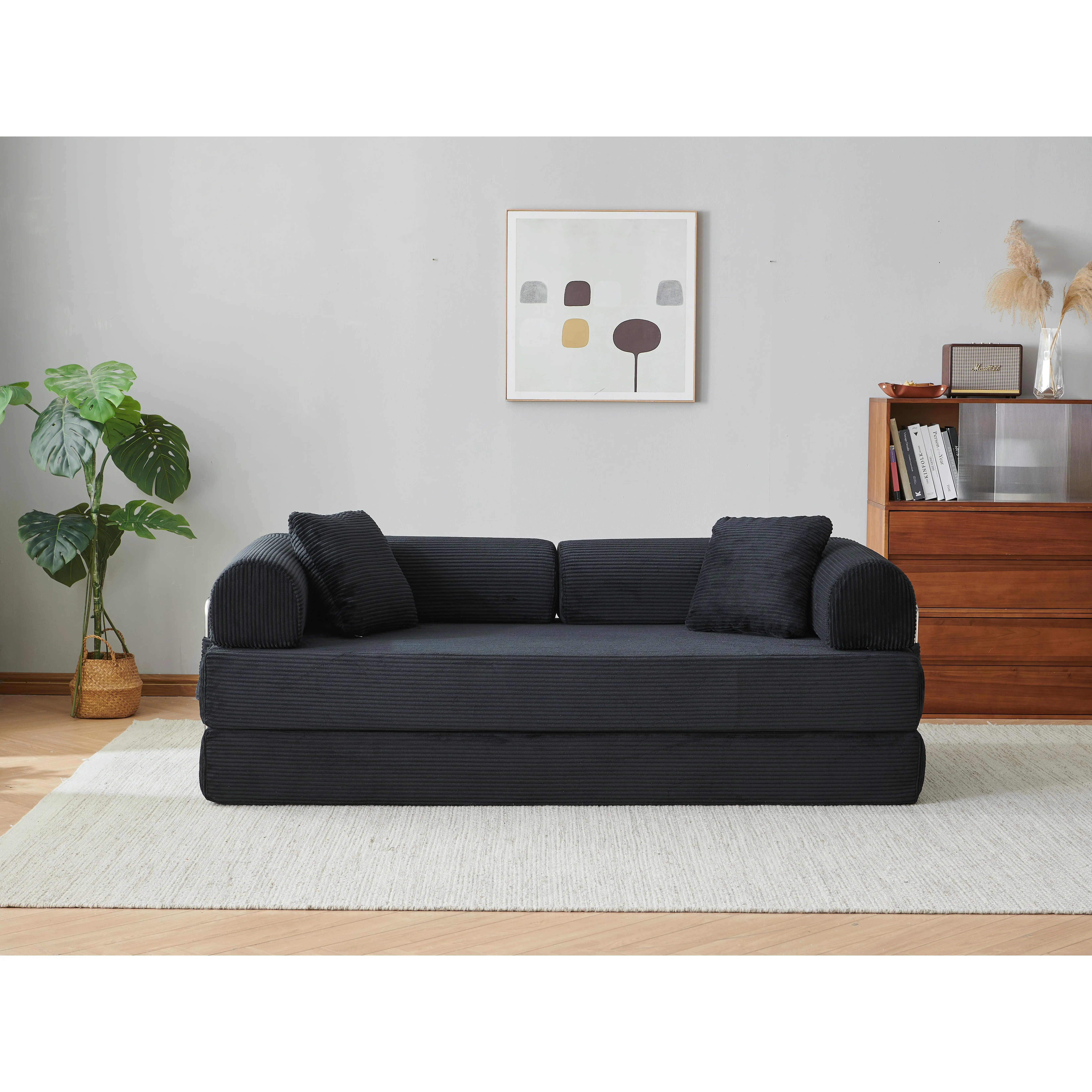 ARCH 78.8" Polyester 2-Seater Compression Sofa Bed, Convertible Floor Futon Couch Sleeper with Pillow Back Support, Armrest, Corduroy Fabric, Modular Sectional for Living Room, Bedroom (Steel Frame, Black), Two-Seater