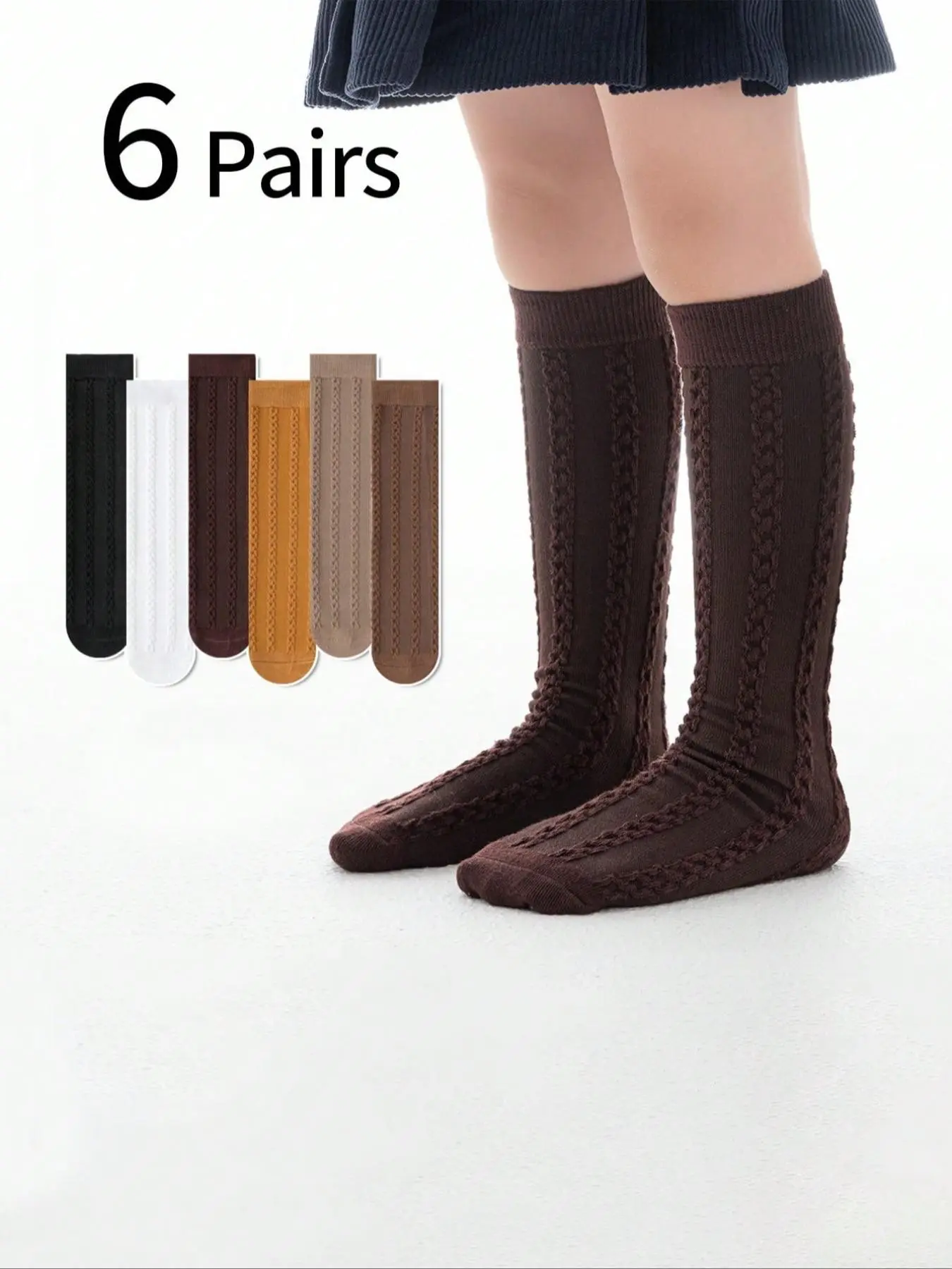 6 Pairs Girls' Socks, Spring Summer Solid Color Knit High Top Socks, Marled Stack Socks, Ankle Socks, Princess Socks, Pair with Small Leather Shoes