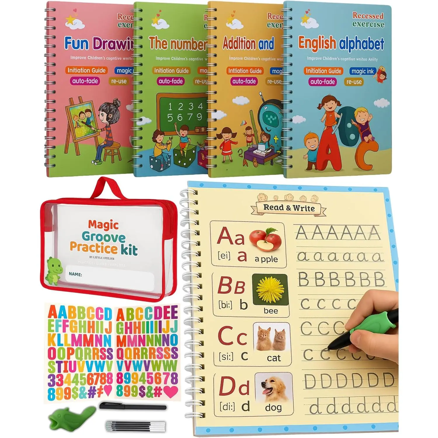 Magic Grooved Writing Practice for  3-8 Year Old –  Grooved Handwriting Workbooks, Indented Handwriting Practice, Carrying Bag, Stickers, Pen, 5 Refills