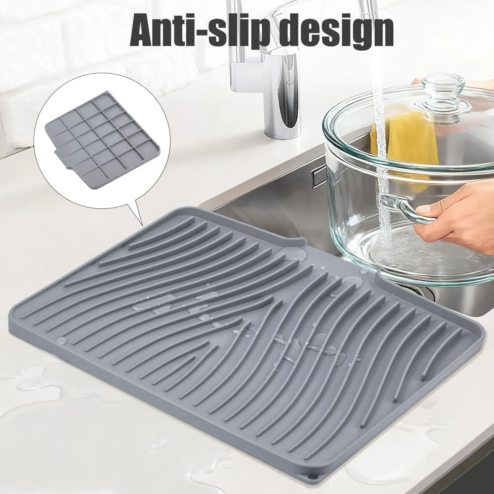 Kitchen Countertop Silicone Dish Mat, Countertop Protection, Heat Resistant, Non-Slip, Drainage Holes, Dishwasher Safe, Quick Dry, 16x12 Inches, 1 Piece