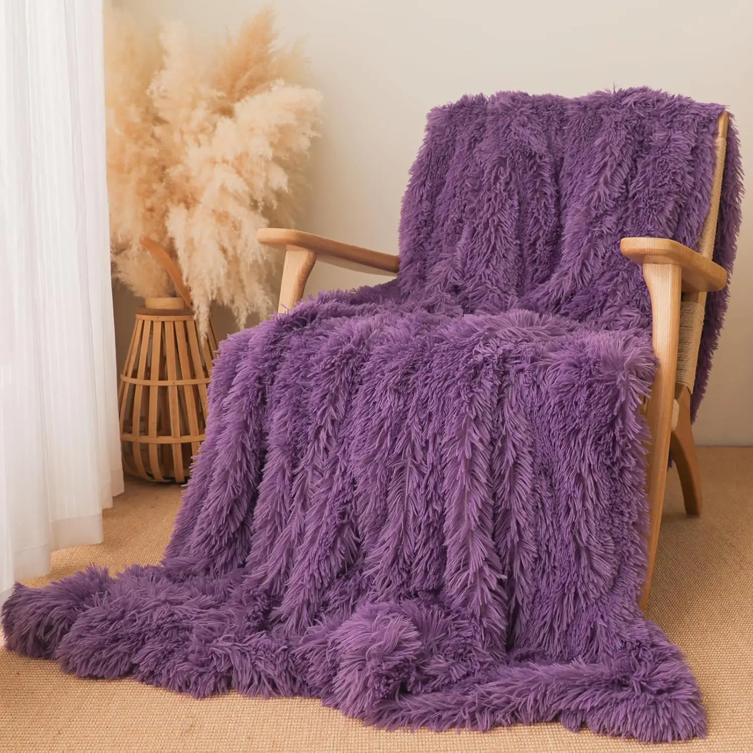 Soft Faux Fur Throw Blanket 50"x60" - Reversible Shaggy Layer Plush for Couch Sofa Bed, Fuzzy Long Hair Microfiber Comfy Decorative Cozy, Purple