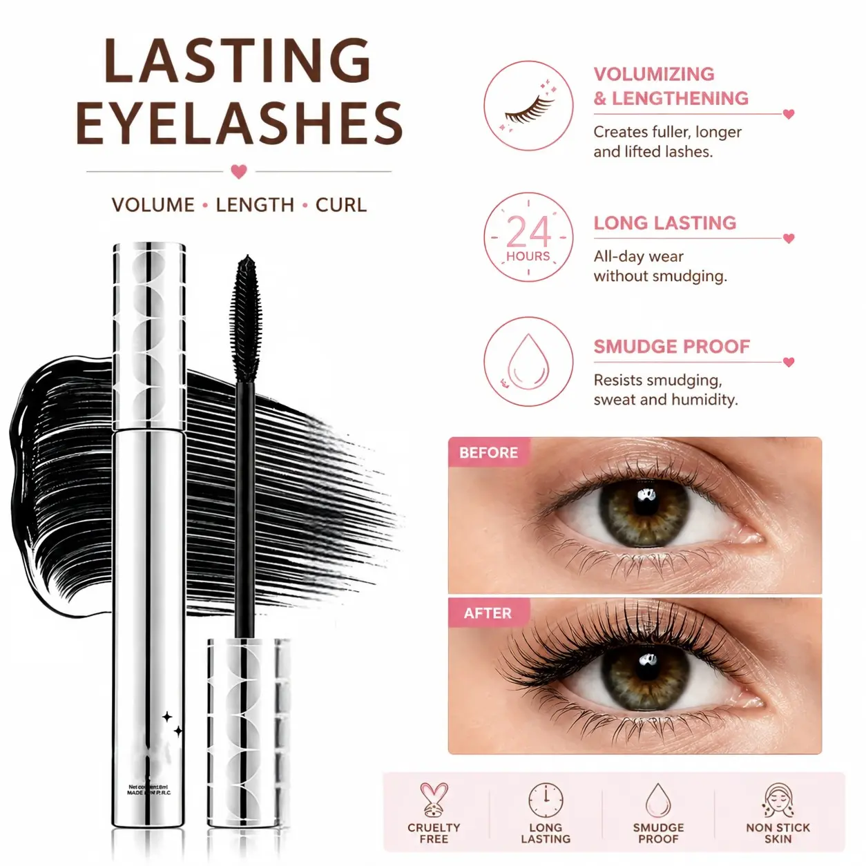 2-Piece Metal Brush Mascara, Long-Lasting Tube Formula, Natural Curl Effect