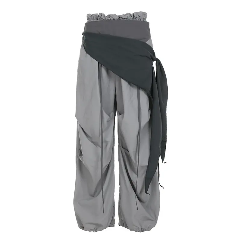 Women's Streetwear Pants, Loose Fit Ruched Fabric Wide-Leg Style with Detachable Straps, Elastic High Waist Design for All Seasons, Solid Colors