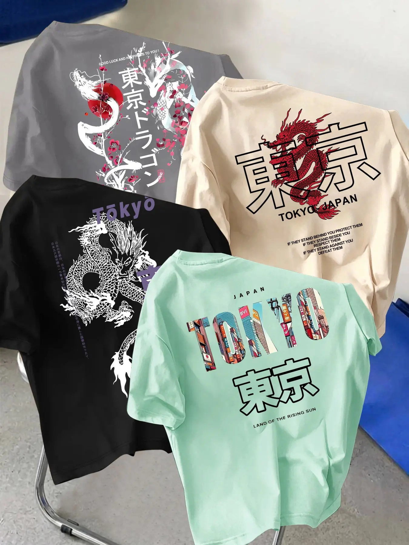Men's Tokyo Japanese Dragon Cityscape Back Print T-Shirt Set, Round Neck Short Sleeve Tropical, Casual Streetwear, Breathable Relax Fit