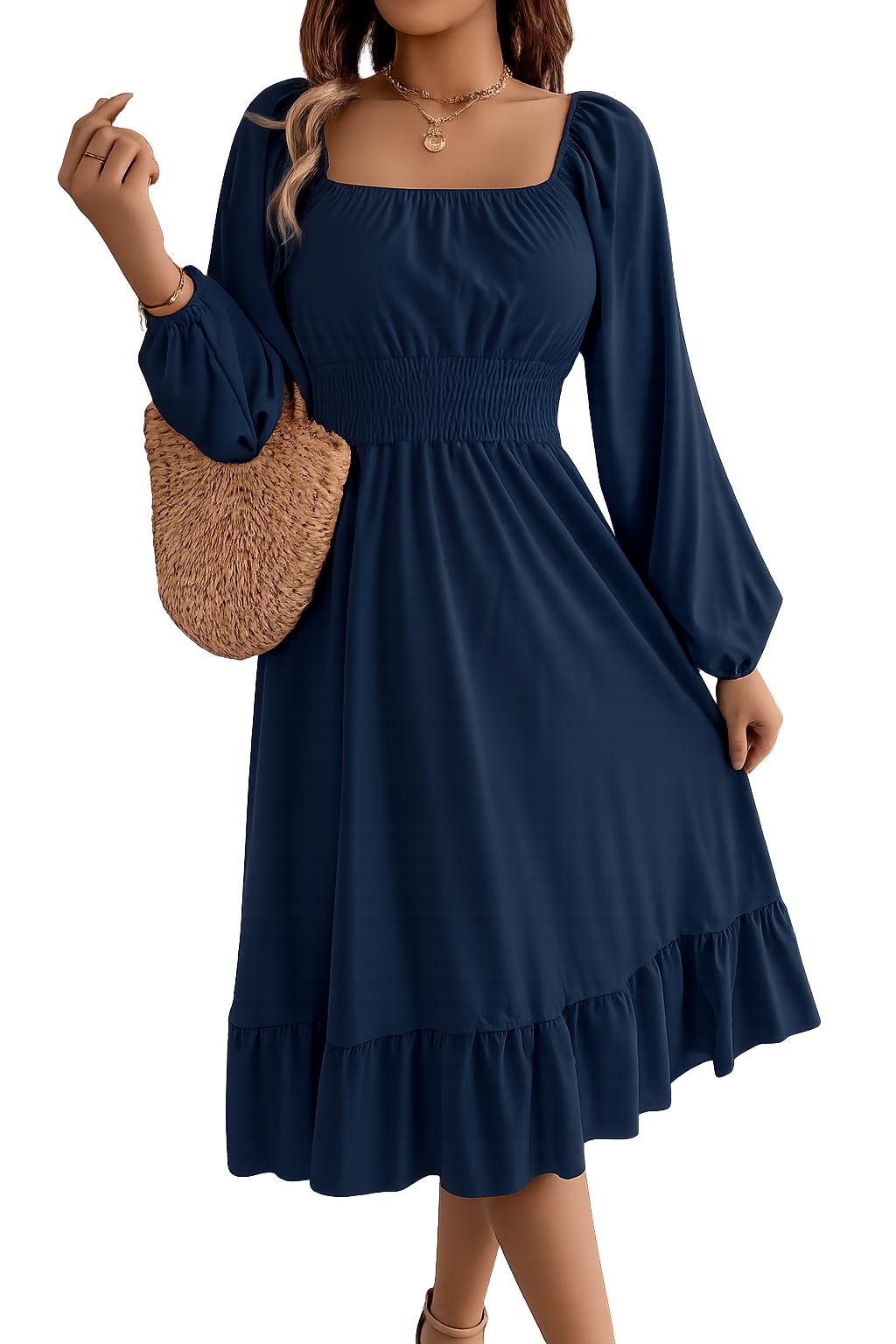 2026 Spring and Summer Leisure Solid Color Square Collar Long Sleeve Waist-Cinched A-Line Skirt