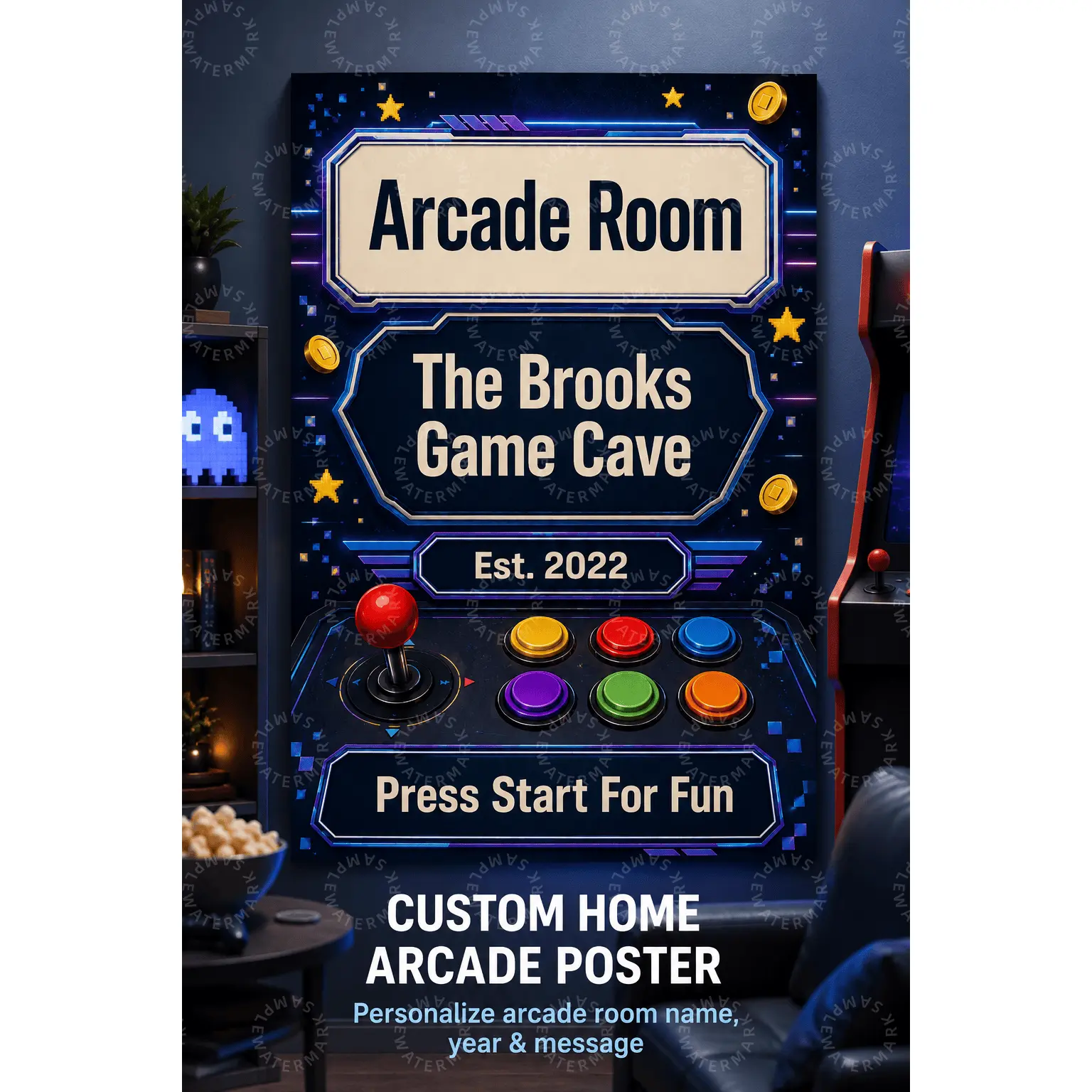 Custom Home Arcade Poster - Personalized Lightweight Colorful Artistic Artwork, Neon Joystick Button Decorative Dark Retro Aesthetic Wall Art for Teen Man Cave Office Gift (Home Supplies, Posters & Prints)