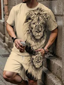 Men's Summer Casual Fashion Short Sleeve Set, 3D Lion King Print, Breathable Sporty Style, Perfect Holiday Gift, All Seasons Wear