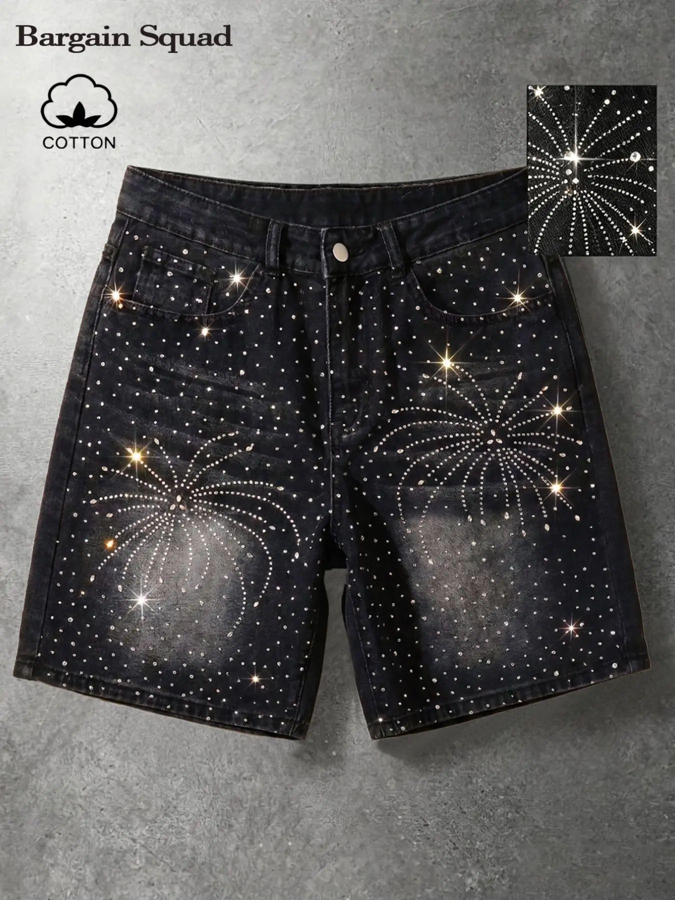 Shiny Fireworks Rhinestone Decorated Jean Shorts, Loose Straight Y2K Gothic Streetwear Knee-Length Jeans, Unisex Fashion Glitter