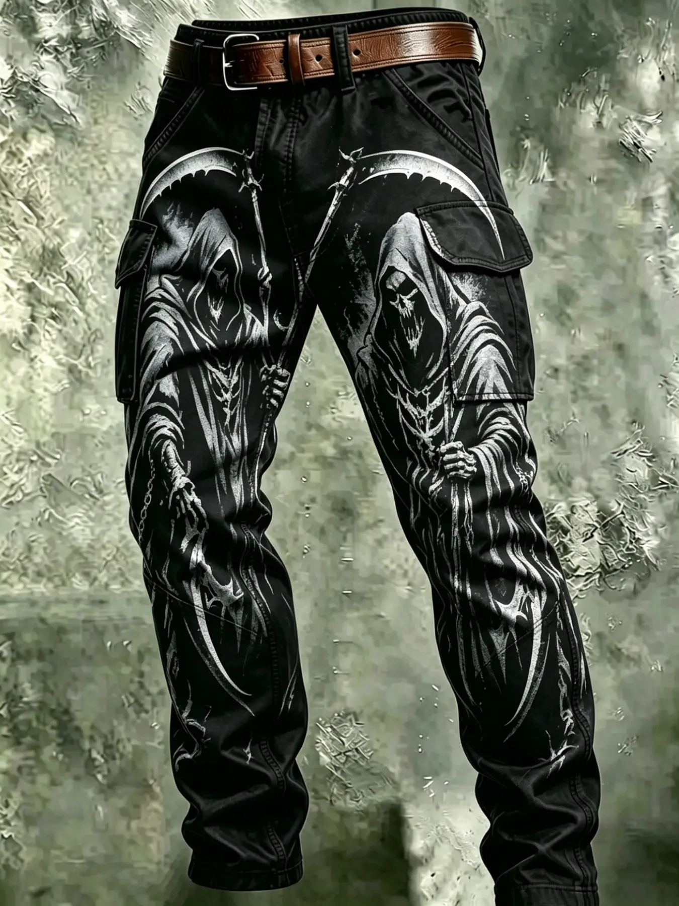 Gothic Dark Punk Long Pants, Symmetrical Full-Print Workwear, Multiple Pockets, Straight Leg, Casual Style, Fall & Winter