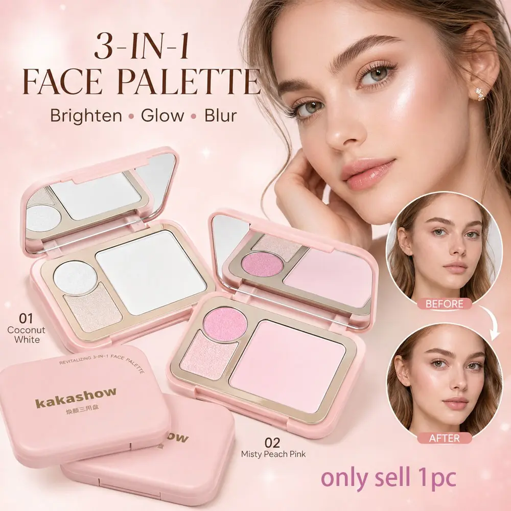 Kakashow Three-In-One Powder Palette, Natural Finish, Highlighting Balm, Glow, Portable, Versatile Makeup, Ideal for Women and Girls, Travel-Friendly