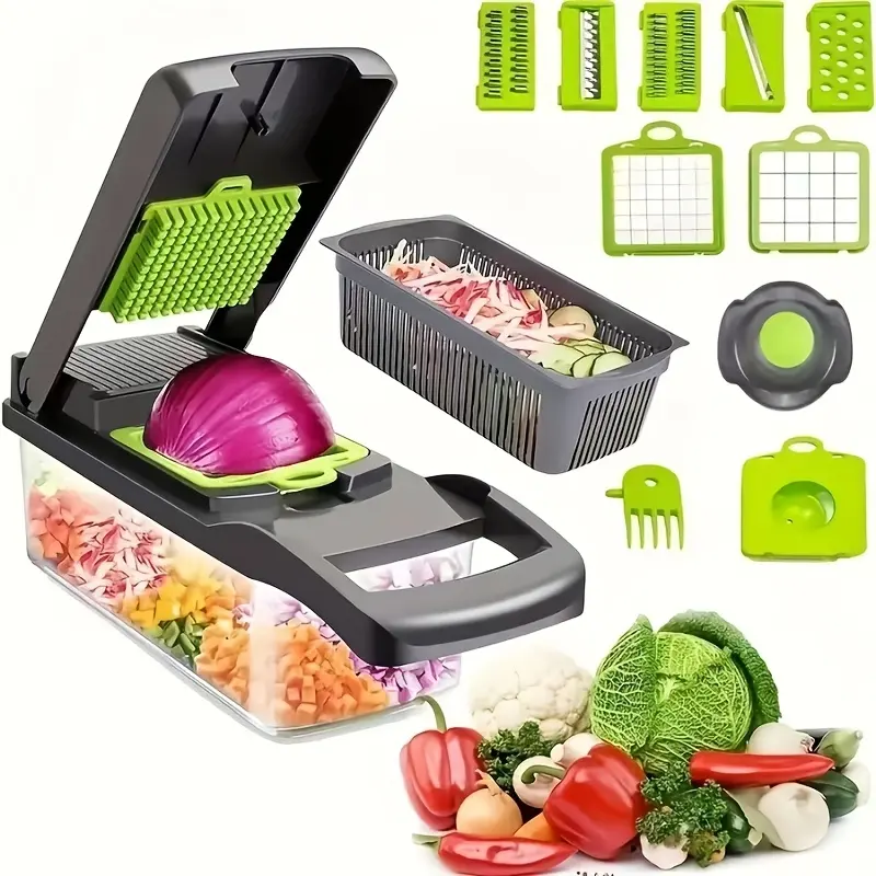 14-in-1 Multifunctional Vegetable Chopper with Large Capacity Collector, Stainless Steel Blades, Manual Operation, Includes Egg Separator, Easy to Clean, Ideal for Dicing, Slicing, Grating Vegetables and Fruits
