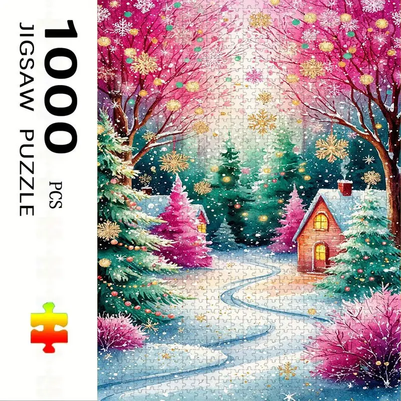 1000 Piece Snow Cabin Puzzle, Adult Family Interactive DIY Decor, Holiday Scene, Mixed Colors, Perfect Gift, Durable Puzzle