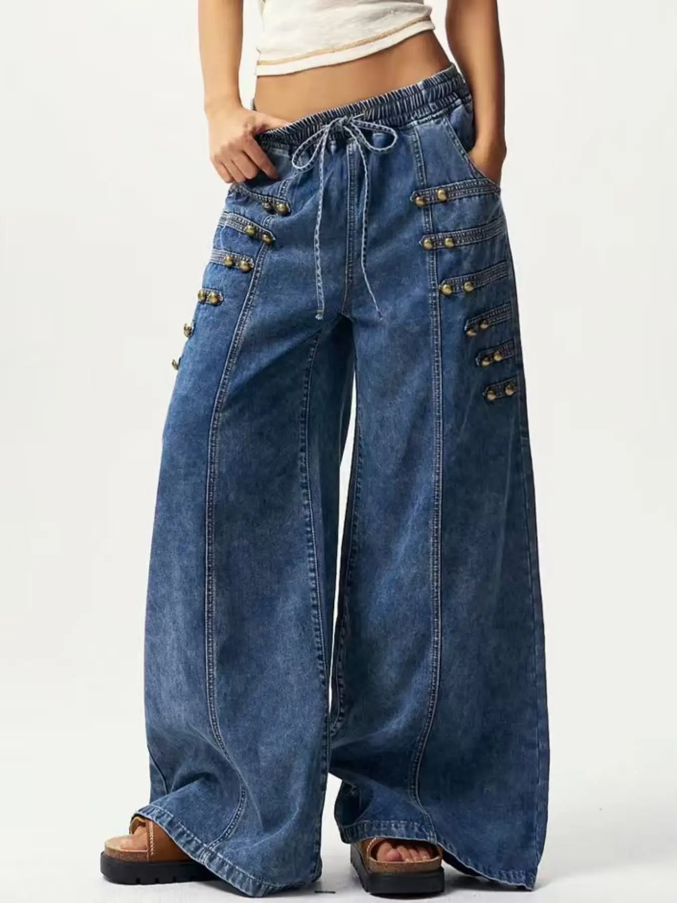 Plus Size Women's Vintage Washed Denim Wide Leg Pants, Elastic Waist Adjustable Drawstring, Metal Button Decor, Casual Long Pants for All Seasons