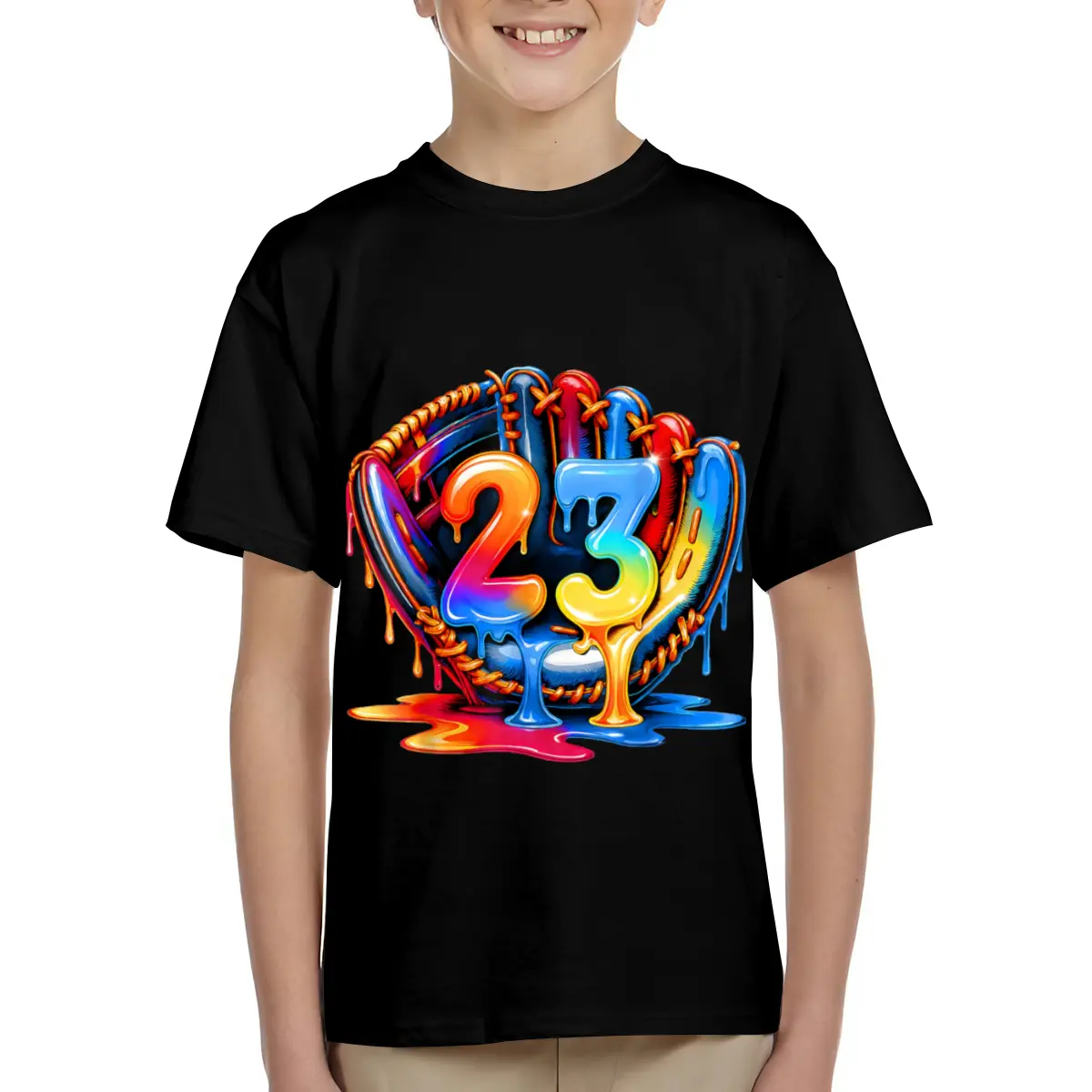 Colorful Drip Paint Number 23 Baseball Glove Design Kids Short Sleeve T-Shirts Cotton Soft Breathable Crewneck Tees for Boys Girls, Loose Fit Comfortable Basic Tops for 6-15 Years Summer School Casual Wear