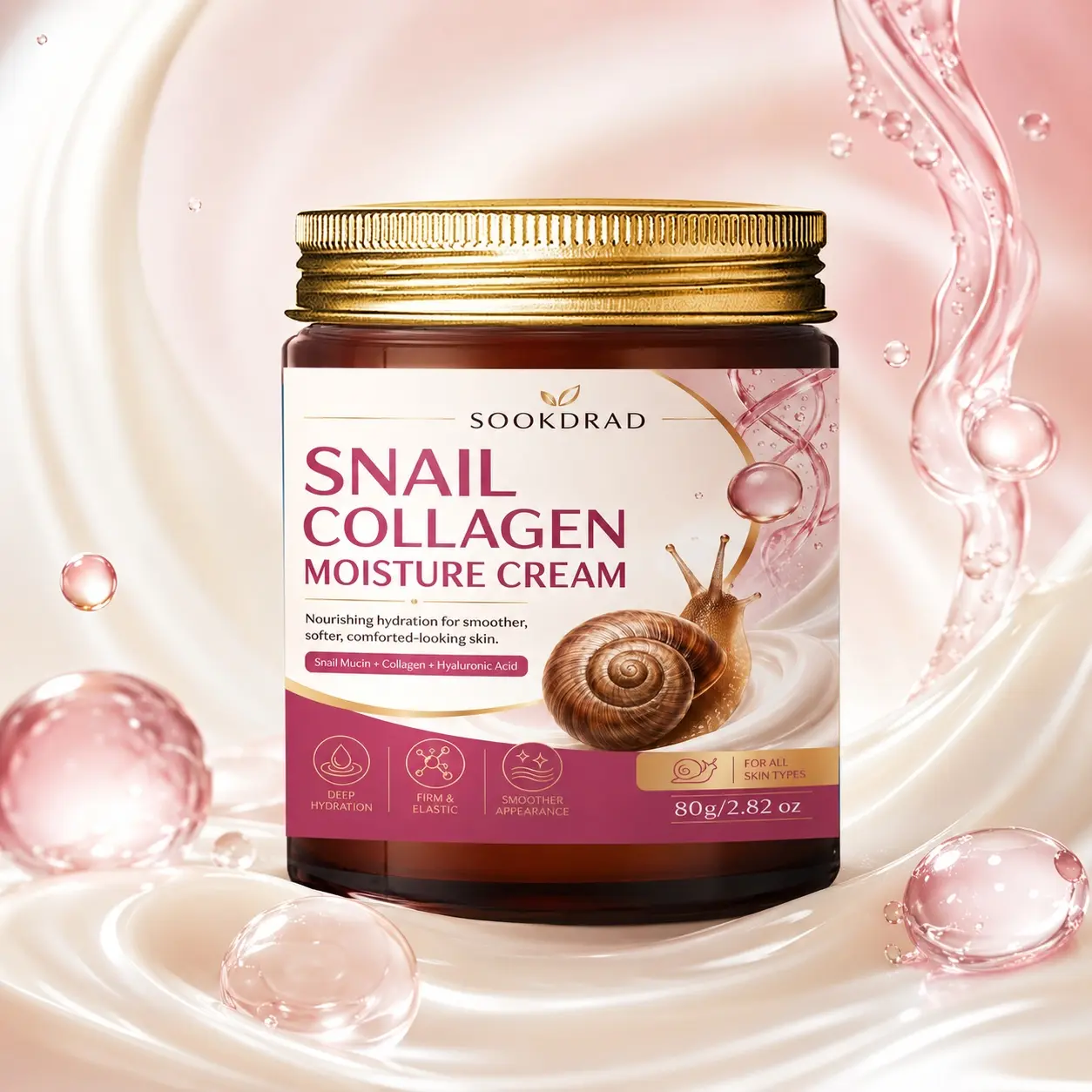 Snail Collagen Moisture Cream, Snail Mucin, Collagen, Hyaluronic Acid, Deep Hydration, Firm and Elastic, Smoother Skin, All Skin Types, Daily Skincare, 80g