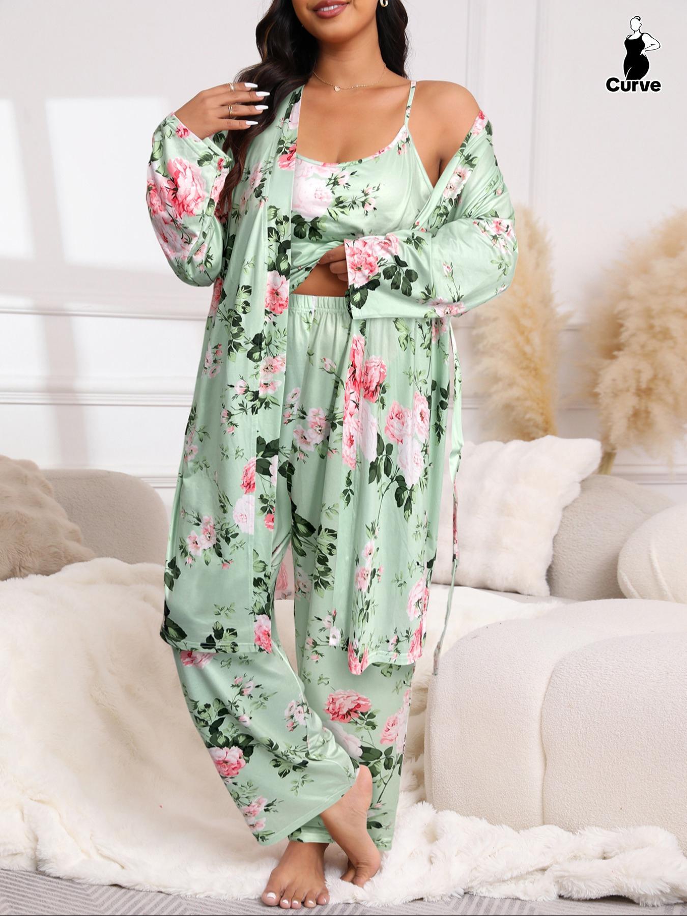 【Plus Size】 Floral Print Belted Dressing Gown & Cami Top & Pants Pajama Set, Elegant Comfy Loungewear Set, Women's Sleepwear for All Seasons