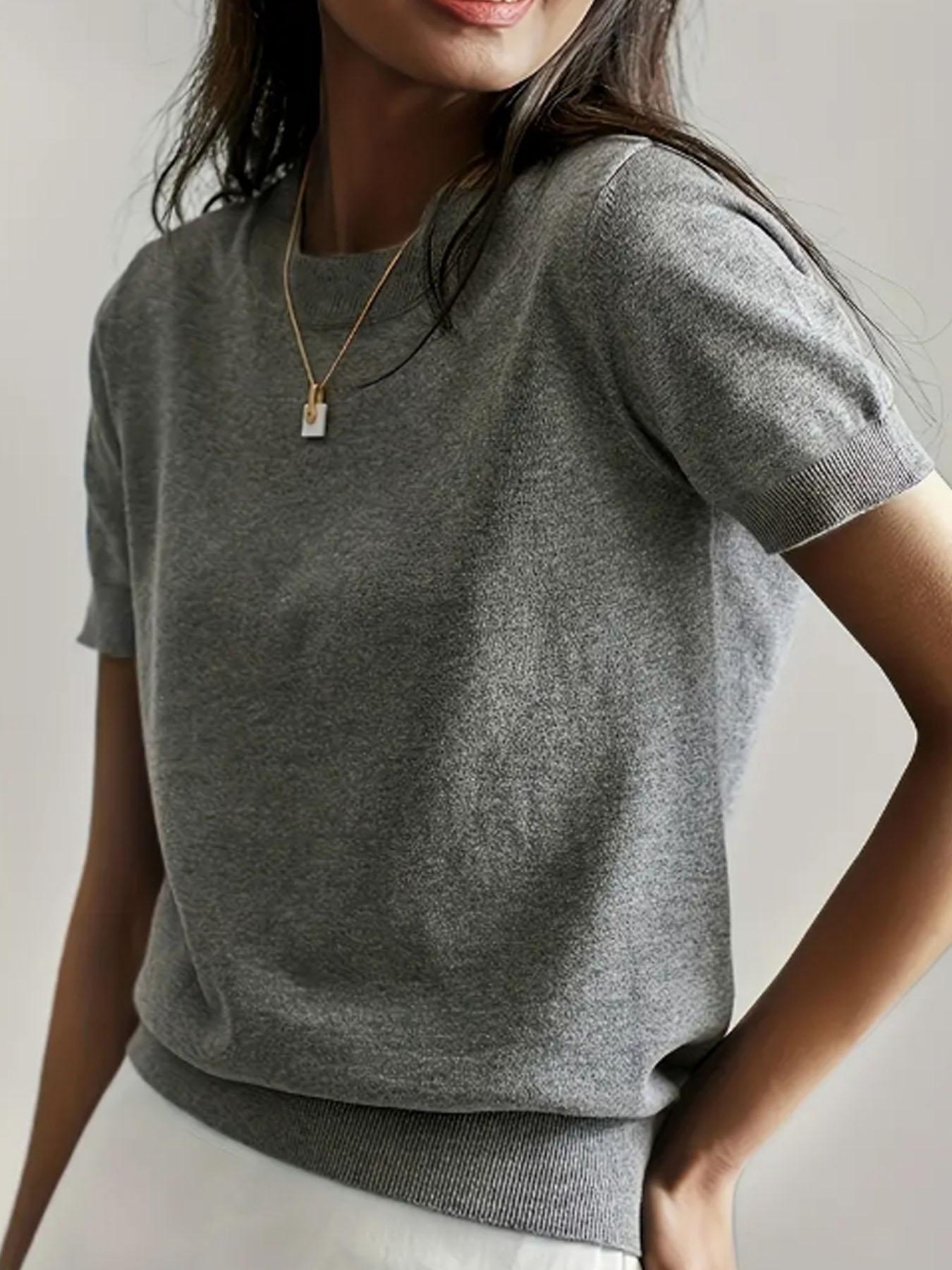 Women's Solid Color Crew Neck Short Sleeve Lightweight Loose Sweater, Casual Basic Minimalist Knit Pullover for Spring & Fall, Fashion Women's Knitwear for Daily Wear, Womenswear Women's Solid Color Crew Neck Short Sleeve Lightweight Loose Sweater, Casual Basic Minimalist Knit Pullover for Spring & Fall, Fashion Women's Knitwear for Daily Wear, Womenswear