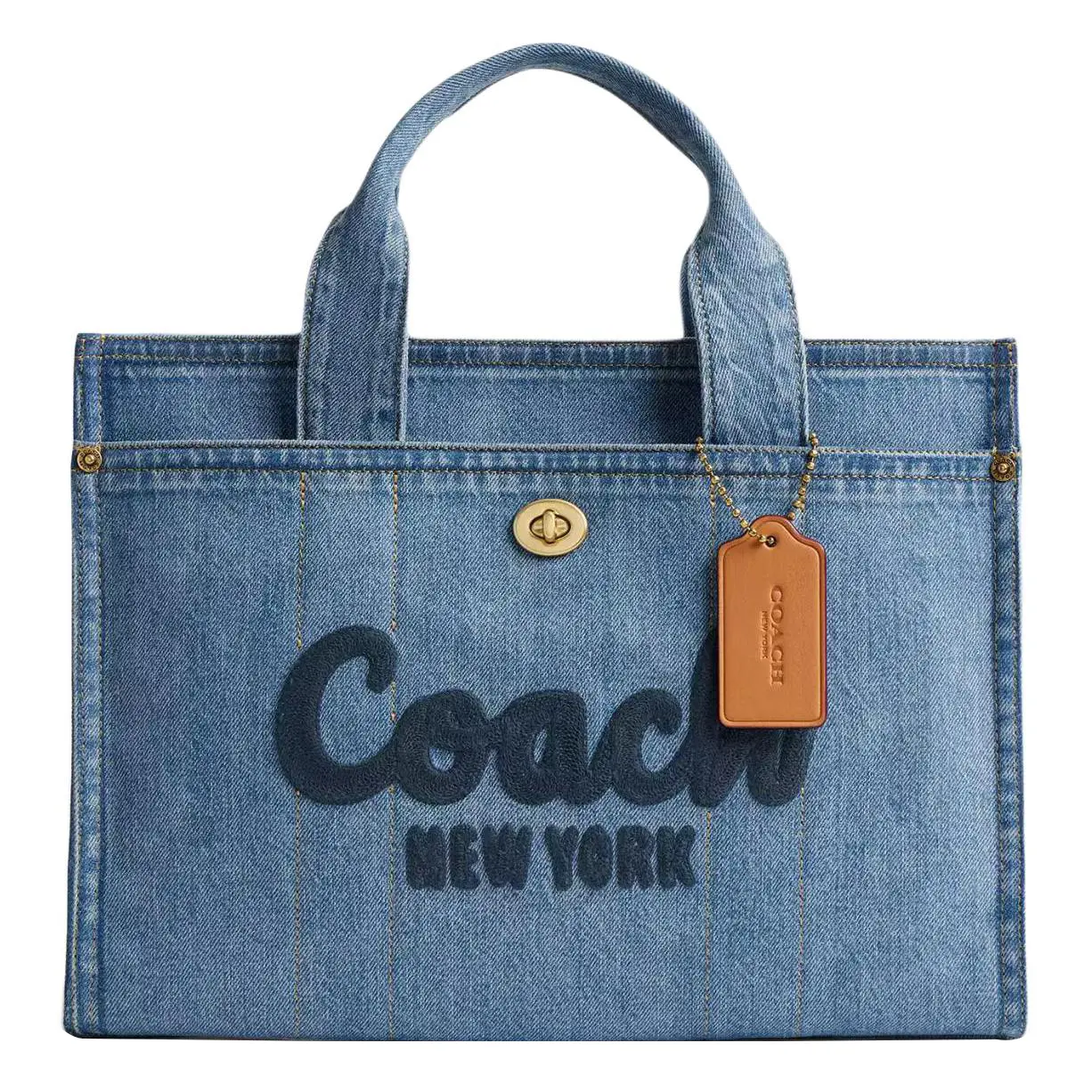 COACH Cargo Tote Bag for Women – Logo-Zip Closure, Denim and Leather, Brass Accents, Oversized Style