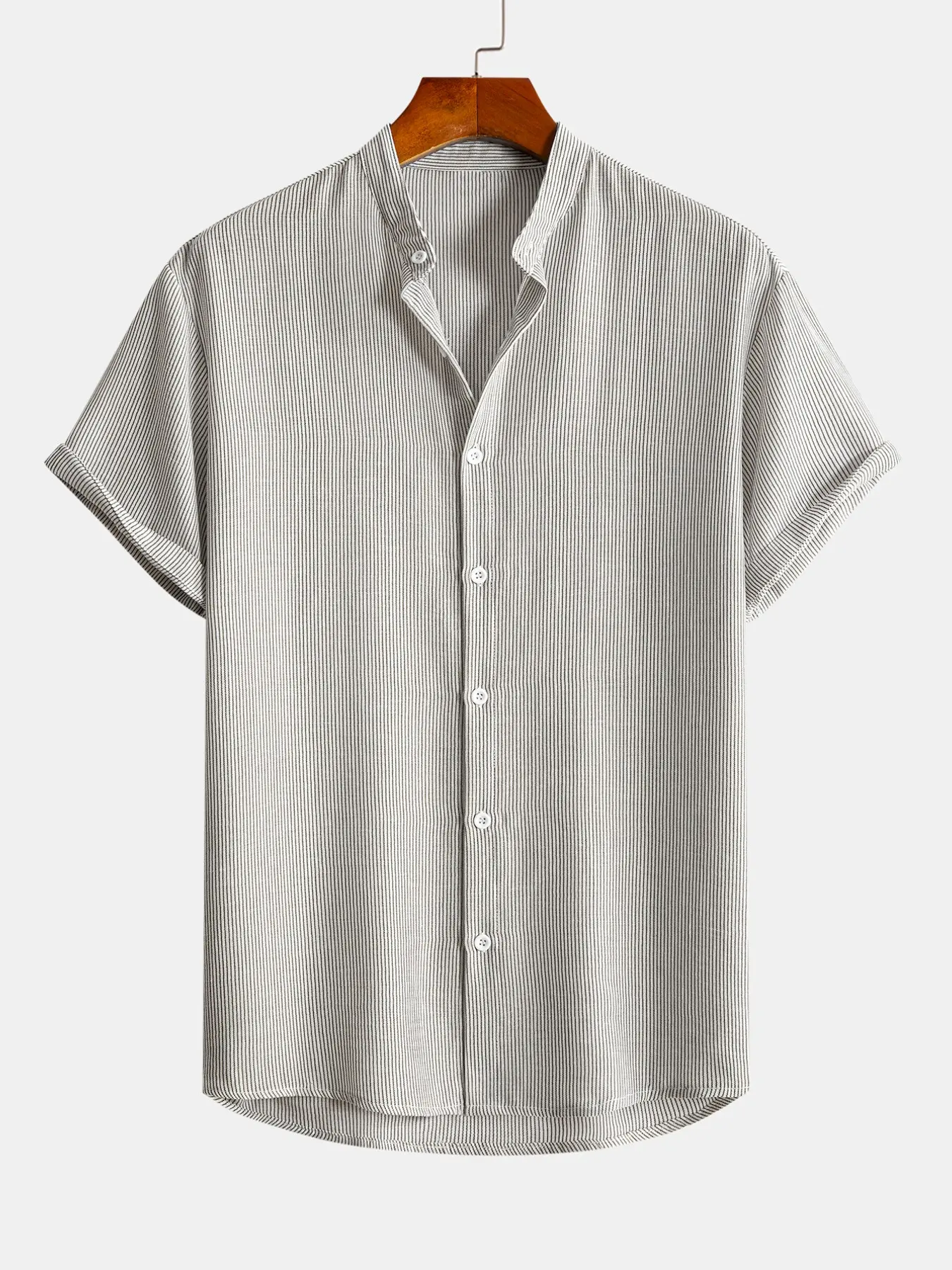 Men's Vertical Striped Mandarin Collar Short Sleeve Shirt, Casual Button Down for Summer, Beach Vacation, Business Streetwear