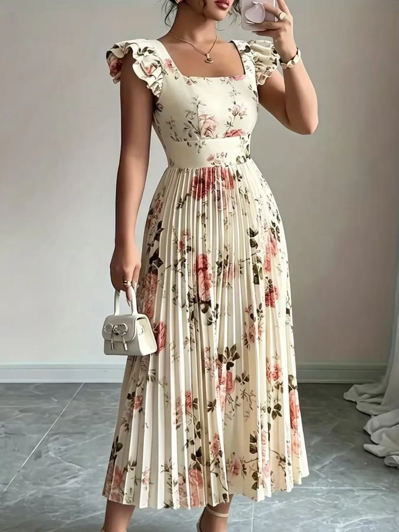 Spring Summer New Women's Elegant Floral Print Pleated Hem Dress, Cocktail Maxi Dress, Stylish Ladies' Fashion, Perfect for Casual & Party Wear, Evening Party Dresses, Womenswear