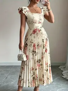 Spring Summer New Women's Elegant Floral Print Pleated Hem Dress, Cocktail Maxi Dress, Stylish Ladies' Fashion, Perfect for Casual & Party Wear, Womenswear