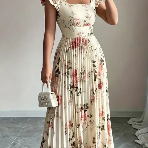Spring Summer New Women's Elegant Floral Print Pleated Hem Dress, Cocktail Maxi Dress, Stylish Ladies' Fashion, Perfect for Casual & Party Wear, Date Night Dresses, Evening Party Dresses, Womenswear