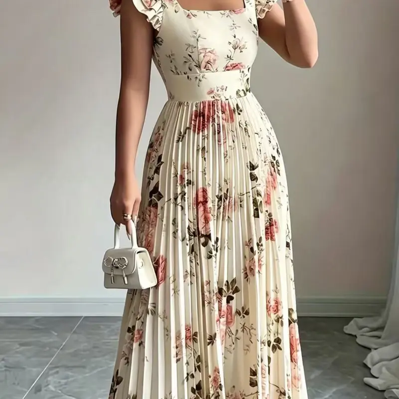 Spring Summer New Women's Elegant Floral Print Pleated Hem Dress, Cocktail Maxi Dress, Stylish Ladies' Fashion, Perfect for Casual & Party Wear, Date Night Dresses, Evening Party Dresses, Womenswear