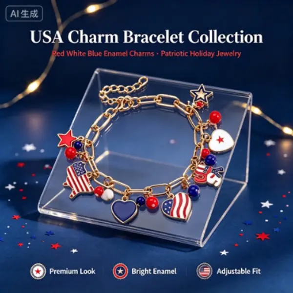 Patriotic USA Charm Bracelet, Red White Blue Enamel Star Heart American Flag Pendant Bracelet, Adjustable Paperclip Chain Jewelry For 4th of July Independence Day Party