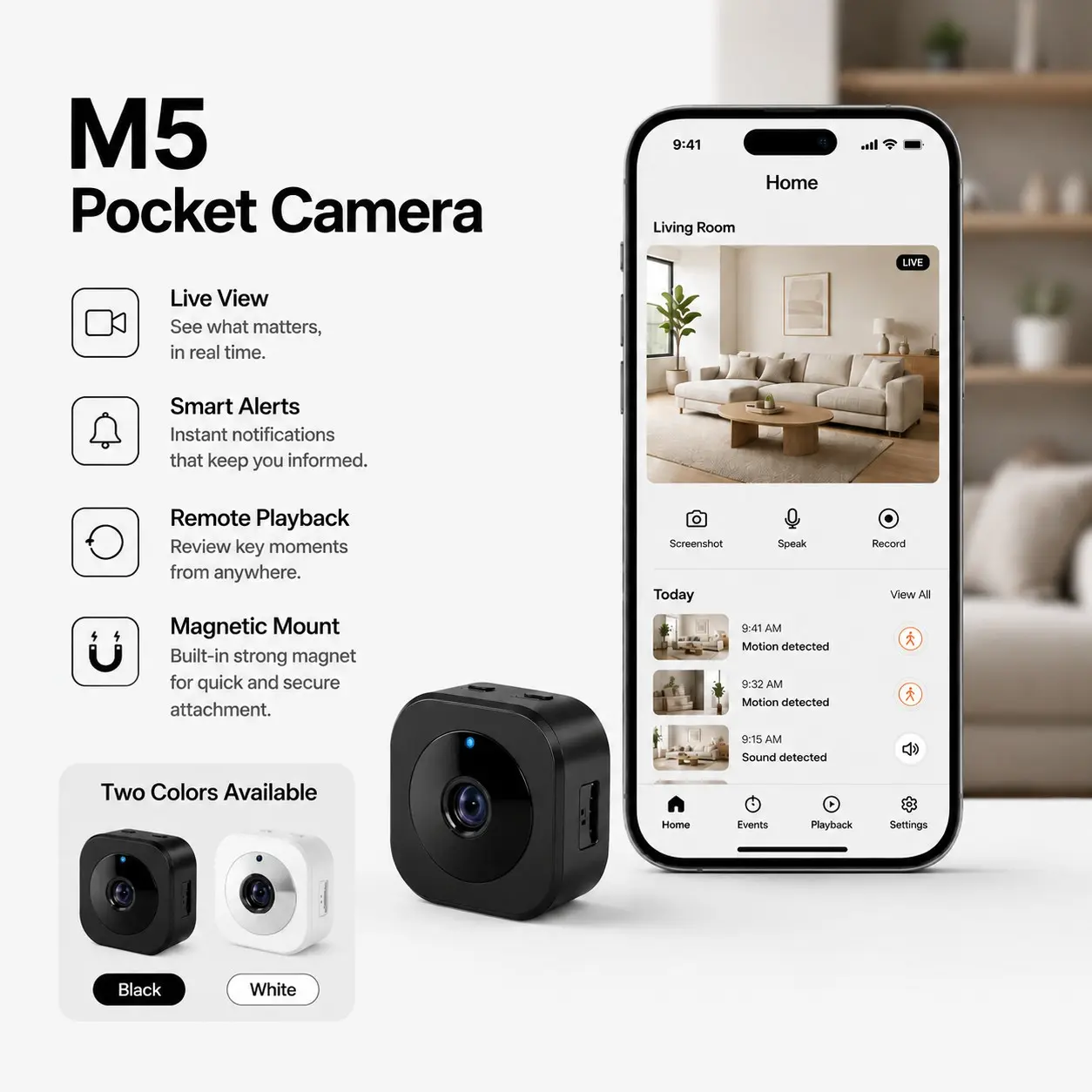 Livpet M5 Magnetic Portable Mini Camera, Lightweight Sports Style, Real-Time Phone View, Two-Way Voice, Ideal for Travel and Home Use